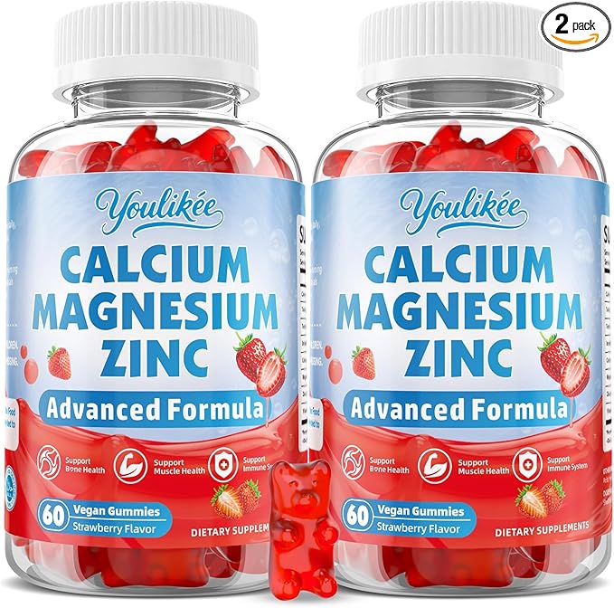 2 Pack Calcium Magnesium Zinc Gummies for Adult, Calcium Citrate with Vitamin D3, High Absorption Calcium Magnesium Supplement for Women & Men, Sugar-Free, Strawberry Flavor, 120 Count