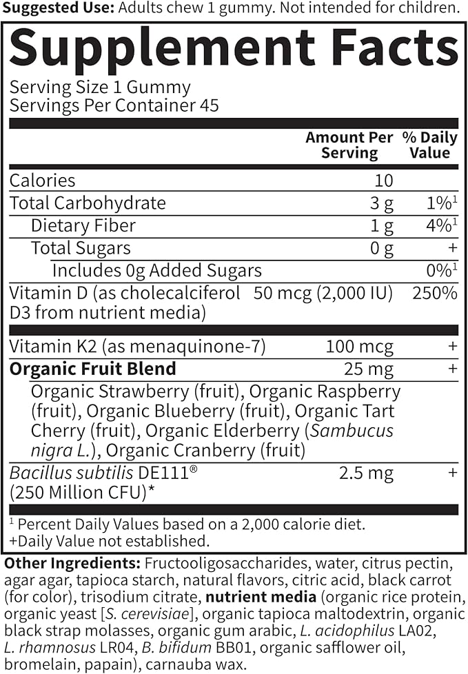 Garden of Life Vitamin Code D3 + K2 Gummies with Prebiotics & Probiotics for Digestion,2000 IU Vitamin D3 + 100 mcg K2 for Bone & ImmuneHealth forAdults,45 Raspberry Lemon Gummies(Pack of 2)
