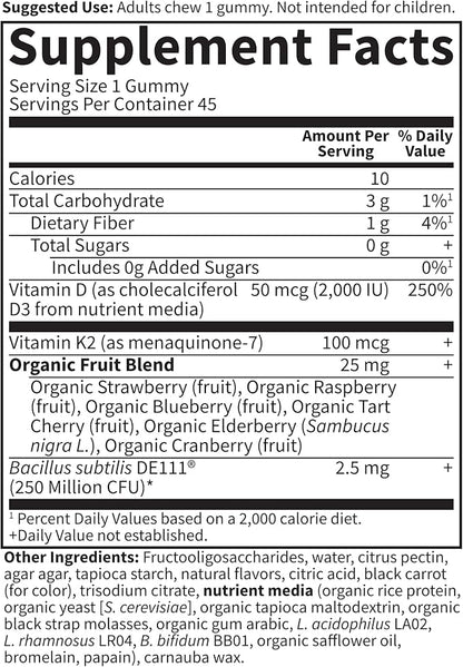 Garden of Life Vitamin Code D3 + K2 Gummies with Prebiotics & Probiotics for Digestion,2000 IU Vitamin D3 + 100 mcg K2 for Bone & ImmuneHealth forAdults,45 Raspberry Lemon Gummies(Pack of 2)