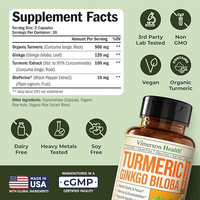 Ginkgo Biloba Supplement with Turmeric Curcumin and Black Pepper for High Absorption - Ginko Biloba Capsules with Curcuma for Focus, Memory Support, Joint & Brain Health - Non-GMO - 60 Vegan Capsules