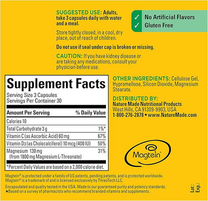 Nature Made Magnesium L-Threonate with Vitamin C & Vitamin D3, Provides 130 mg of Mag from 1800 mg Magnesium L Threonate, Cognitive Support Magnesium Supplement, 90 Capsules, 30 Day Supply