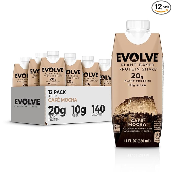 Evolve Plant Based Protein Shake, Café Mocha, 20g Vegan Protein, Dairy Free, No Artificial Sweeteners, Non-GMO, 10g Fiber, 11oz, (12 Pack) (Formula May Vary)
