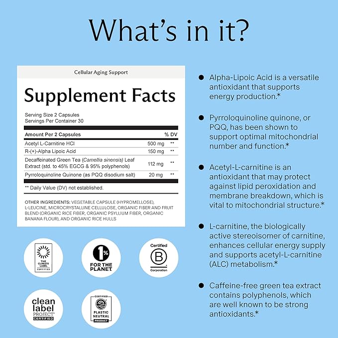 Needed. Cellular Aging Support - Antioxidants Supplement with Alpha Lipoic Acid, Acetyl L-Carnitine & PQQ - Third Party Tested Mitochondrial Supplement - 30 Servings