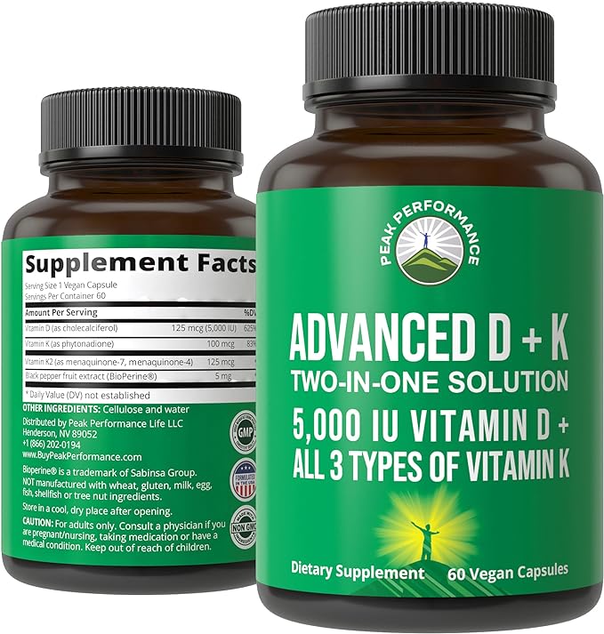 Peak Performance Advanced Vitamin D 5000 IU with All 3 Types of Vitamin K Vitamin D3 and Vitamin K2, K1, MK-7 (MK7), MK4 Supplement - 60 Small and Easy to Swallow Vegetable Pills