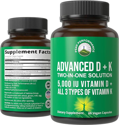 Peak Performance Advanced Vitamin D 5000 IU with All 3 Types of Vitamin K Vitamin D3 and Vitamin K2, K1, MK-7 (MK7), MK4 Supplement - 60 Small and Easy to Swallow Vegetable Pills