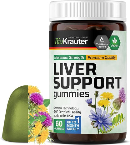 BIO KRAUTER® 9-in-1 Liver Detox with Vitamin C, Milk Thistle, Turmeric, Dandelion Root, Beet Root, Chanca Piedra for Liver Support - Vegan Liver Supplement, 60 Gummies, 30 Days of Supply - Non-GMO