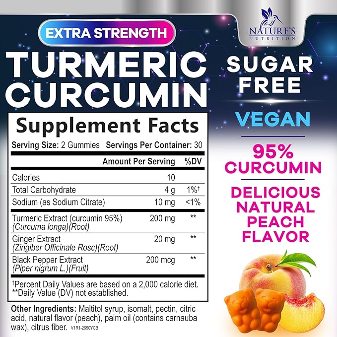 Turmeric Curcumin Gummies Sugar Free Supplement - 95% Curcuminoids with Turmeric & Ginger, Black Pepper for Best Absorption, Nature's Vegan Joint Support, Non-GMO, Tasty Peach Flavor - 60 Gummies
