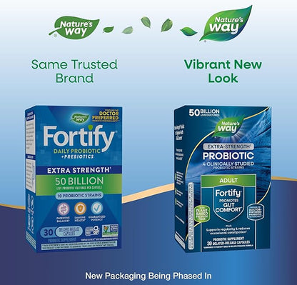 Nature's Way Extra Strength(1) Fortify Probiotic,Probiotics for Digestive Health,Prebiotics,50 Billion Live Cultures,Digestive & Immune Health Support*,30 Capsules,(Pack of 2)