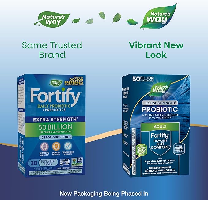 Nature's Way Extra Strength(1) Fortify Probiotic, Probiotics for Digestive Health, Prebiotics, 50 Billion Live Cultures, Digestive & Immune Health Support*, 30 Capsules