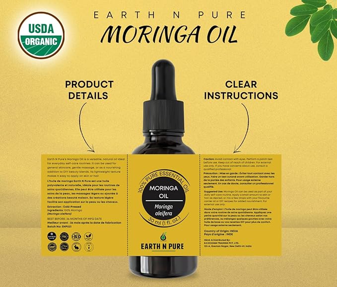 Earth N Pure Moringa Oil Cold Pressed, Natural and Therapeutic Grade 50 ml