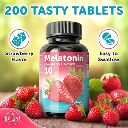Melatonin Tablets - 10 mg Dietary Supplement - Strawberry Flavored - 200 Vegan Tablets - by NextGenU