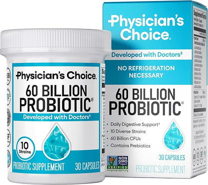Physician's CHOICE Probiotics 60 Billion CFU - 10 Strains + Organic Prebiotics - Immune, Digestive & Gut Health - Supports Occasional Constipation, Diarrhea, Gas & Bloating - for Women & Men - 30ct