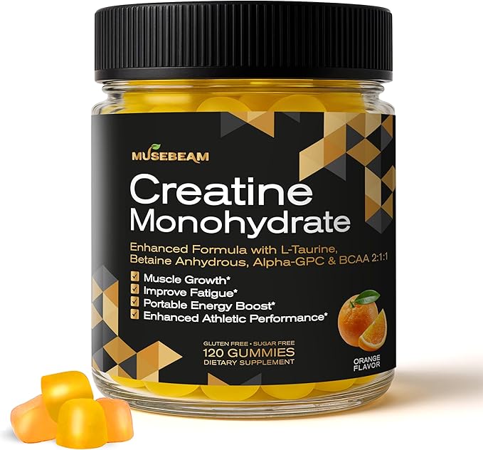 musebeam Creatine Monohydrate 5000mg Supplement Gummies - with L-Taurine Betaine Anhydrous Alpha-GPC BCAA 2:1:1 - Sugar-Free Gluten Free for Men Women