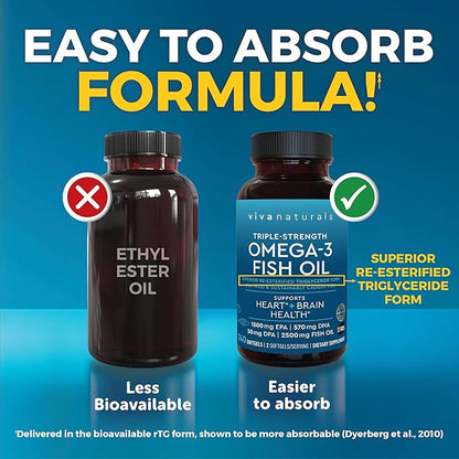 Viva Naturals Omega 3 Fish Oil Supplement for Women and Men - 2500 mg Triple Strength Fish Oil Pills with Re-Esterified Omega 3 Fatty Acids Including EPA, DHA DPA - 240 Pescatarian-Friendly Softgels