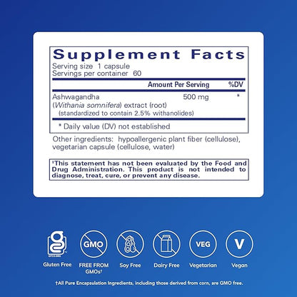 Pure Encapsulations Ashwagandha - 500 mg Ashwagandha Extract - Metabolism & Stress Support - Immune Support - GMO Free & Vegan - 60 Capsules