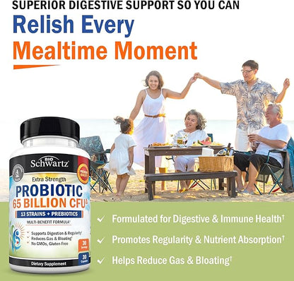Probiotic 65 Billion - Probiotics with Prebiotic for Women & Men - Lactobacillus Acidophilus Digestive Health Capsules - Targeted Release Technology - Shelf Stable Supplement Non-GMO Dairy Free-30ct