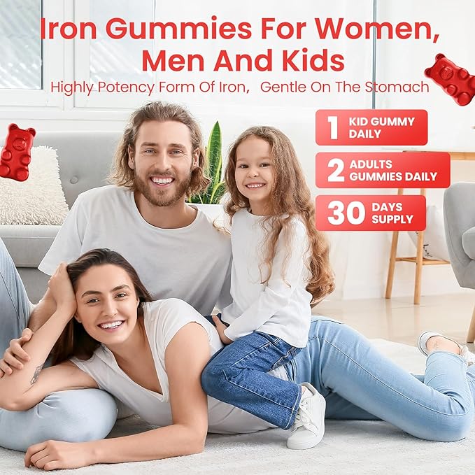 Iron Gummies for Women & Kids - Iron Supplement Gummies with Multivitamin for Blood Builder, Energy, Iron Deficiency & Anemia - Sugar Free Vegan Strawberry 60 ct