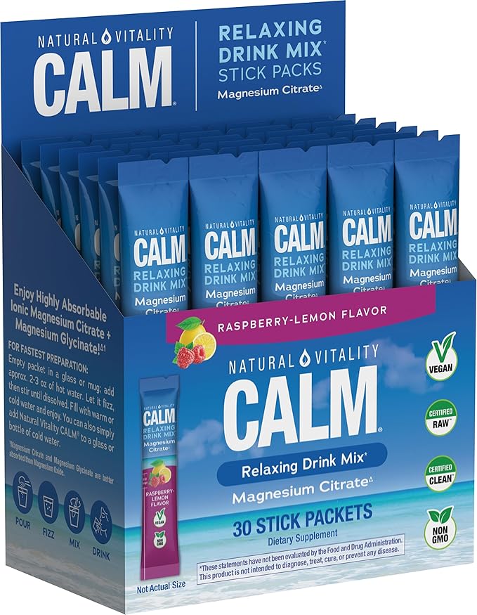 Natural Vitality Calm, Magnesium Citrate Supplement, Anti-Stress Drink Mix Powder - Gluten Free, Vegan, & Non-GMO, Raspberry Lemon, 0.12 oz, 30 Packets