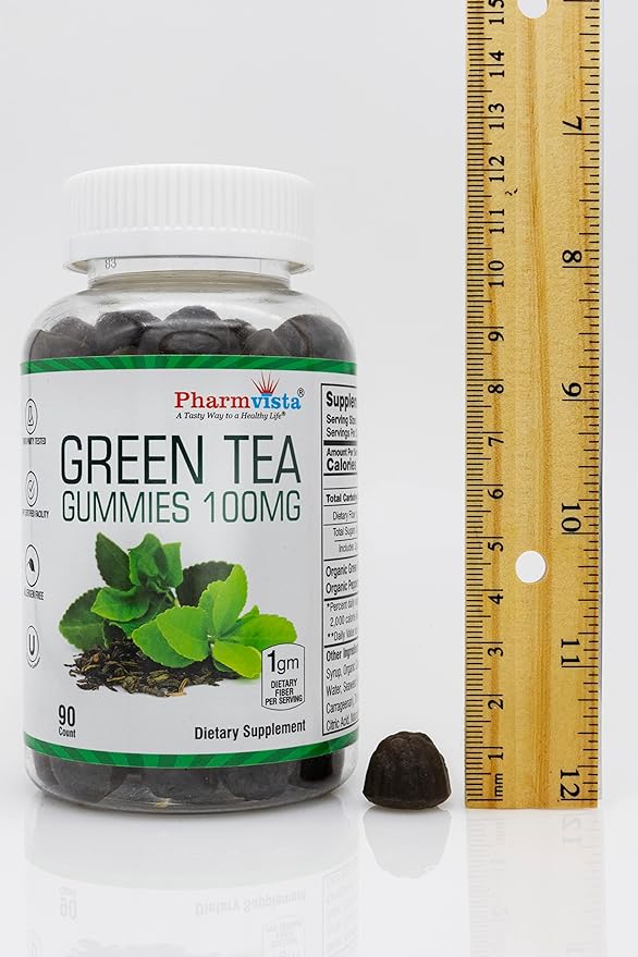 Pharmvista Green Tea & Peppermint Gummies 100mg - Gluten Free, Non-GMO, Antioxidant/Mineral Rich Supplement - 90 Count