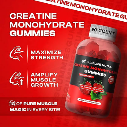 Creatine Monohydrate Gummies - 3g Serving, Sugar Free, 90 Count, Non-GMO, Designed for Men & Women, Gluten Free, Non Bloating - Vegan, Halal, Kosher. (90 Units, Strawberry)