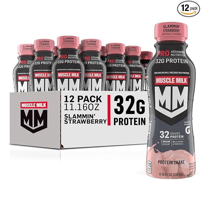 Muscle Milk Pro Advanced Nutrition Protein Shake, Slammin' Strawberry, 11.16 Fl Oz (Pack of 12), 32g Protein, 1g Sugar, 16 Vitamins & Minerals, 5g Fiber, Bottled Liquid, Gluten Free