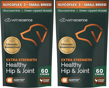 VetriScience Extra Strength Healthy Hip & Joint-Chews, GlycoFlex Glucosamine & Green-Lipped Mussel Joint Support Supplement for Small Breed Dogs,Soothe Joint Discomfort,Chicken 60 Count(Pack of 2)