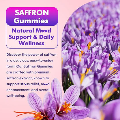softbear Saffron Gummies for Kids & Adults, 10-in-1 Organic Saffron Supplements with 88.5mg Saffron Extract Support Calm Mind & Focus & Zzz, Sugar Free/Non-GMO, Raspberry Flavor 60 Count