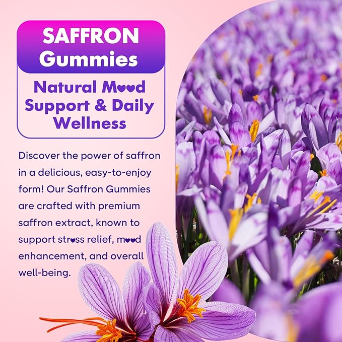 softbear Saffron Gummies for Kids & Adults, 10-in-1 Organic Saffron Supplements with 88.5mg Saffron Extract Support Calm Mind & Focus & Zzz, Sugar Free/Non-GMO, Raspberry Flavor 120 Count