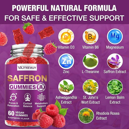Saffron Gummies (88.5 mg) with Magnesium — Enhanced with St. John’s Wort, Rhodiola, Ashwagandha & Vitamins B6, B12, D3 for Mood & Focus Support — 60 Count