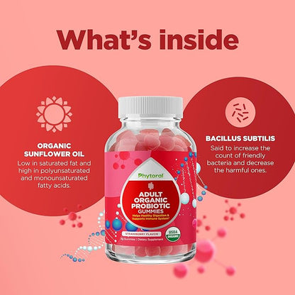 Healthy Gut Probiotic Gummies for Adults - Organic Probiotics for Gut Health Upset Stomach Relief and Immune Support - Digestive Health Chewable Probiotic Gummies for Women and Men - 5 Billion CFU