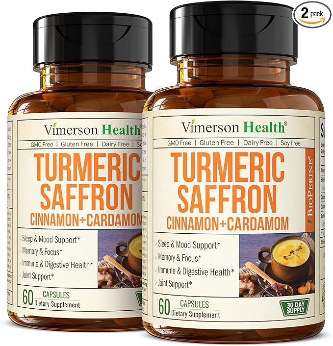 Saffron Supplements – 89mg Saffron Extract, 1000mg Turmeric Curcumin, Ceylon Cinnamon & Cardamom – Daily Mood, Joint & Metabolic Support – Joint Supplements for Women & Men – 60 Capsules, 2 Pack