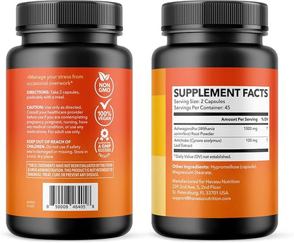 Ashwagandha 1000mg with Artichoke Extract Per Serving - Ashwagandha Capsules for Stress, Mood and Energy Support - Adaptogenic Herbal Support for Men and Women - 90 Count - Vegan, Non-GMO, 45 Servings