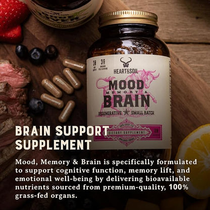 HEART & SOIL – 100% Grass Fed & Finished Beef Brain Supplement from Regenerative Cattle – for Cognitive Function & Memory – 3000mg Focus Supplement with Beef Organs – Glass Bottle – 180 Capsules