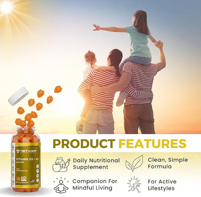 Vitamin D3 K2 Gummies for Adults – 60 Vegan Orange Gummies | 400 IU (10 mcg) D3 + 55 mcg Vitamin K2 MK-7 | Individually Wrapped, Gelatin-Free, Gluten-Free, Non-GMO | Halal Certified
