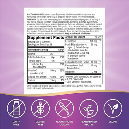 Nature's Way Sambucus Sleep + Immune* Elderberry Gummies, Sleep Support for Adults and Immune Support*, with Melatonin, Vitamin C, L-Theanine, Zinc, 50 Gummies (Packaging May Vary),(Pack of 2)