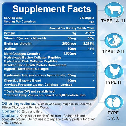 Multi Collagen Peptides for Women & Men, Hydrolyzed Collagen Peptides-Type I, II, III, V, X - with Hyaluronic Acid,Vitamin C,Biotin,Supports Skin Hair Nail, Non-GMO,560 Softgels
