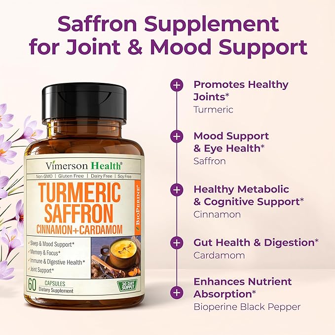 Saffron Supplements – 89mg Saffron Extract, 1000mg Turmeric Curcumin, Ceylon Cinnamon & Cardamom – Daily Mood, Joint & Metabolic Support – Joint Supplements for Women & Men – 60 Capsules