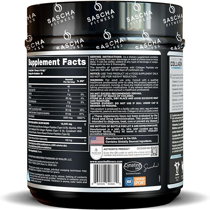 SASCHA FITNESS Hydrolyzed Multi Collagen Peptides Tipes 1,2 & 3 |Hyaluronic Acid|Biotin |Cynatine HSN|Vitamin C & E |for Hairs, Skin & Bone Support| Unflavored