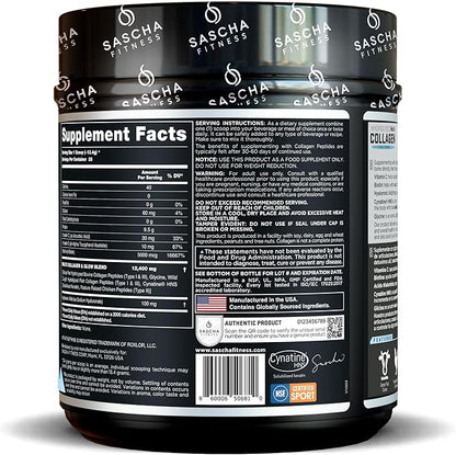 SASCHA FITNESS Hydrolyzed Multi Collagen Peptides Tipes 1,2 & 3 |Hyaluronic Acid|Biotin |Cynatine HSN|Vitamin C & E |for Hairs, Skin & Bone Support| Unflavored