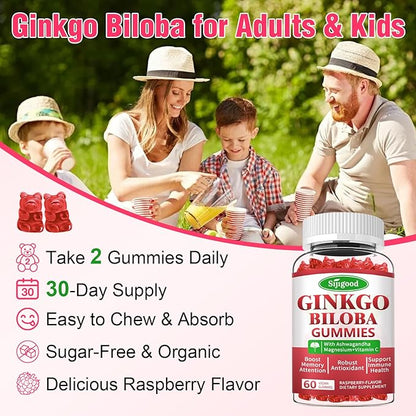 2 Pack Ginkgo Biloba Gummies with Panax Ginseng and Magnesium, Ginkgo Biloba Supplements for Focus, Memory, and Brain Health for Adults & Kids, Vegan Raspberry Flavor Gummies, 120 Count