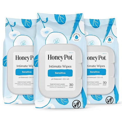 The Honey Pot Company - Feminine Wipes - Daily PH Balancing, Fragrance & Sulfate Free Wipes for Intimate Parts, Body, or Face - Hygiene Products - Sensitive 30 ct (Pack 3)