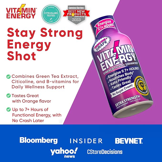 Vitamin Energy Immune+ Extra Strength Energy Shot Grape 48 Pack, 260mg Natural Caffeine, B-Vitamins, Citicoline, Green Tea, Immunity & Focus Support, Zero Sugar, Gluten-Free 1.93 fl oz