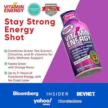 Vitamin Energy Immune+ Extra Strength Energy Shot Grape 24 Pack, 260mg Natural Caffeine, B-Vitamins, Citicoline, Green Tea, Immunity & Focus Support, Zero Sugar, Gluten-Free 1.93 fl oz
