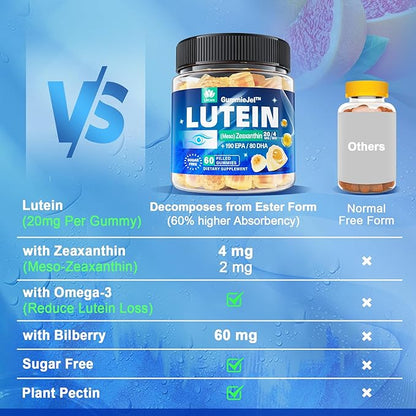 Lutein 20mg 40mg and Zeaxanthin Supplements for Eyes, Lutein Gummies with Omega 3, Saffron, Zinc, Bilberry & Goji Berry for Vision Support - Eye Vitamins Gummies for Seniors - Vegan, Sugar Free, 60ct