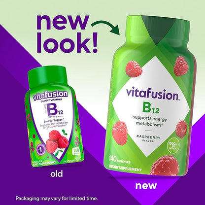 Vitafusion Vitamin B12 Gummy Vitamins for Energy Metabolism Support,Raspberry Flavored,America’s Number 1 Gummy Vitamin Brand,70 Day Supply,140 Count (Pack of 2)