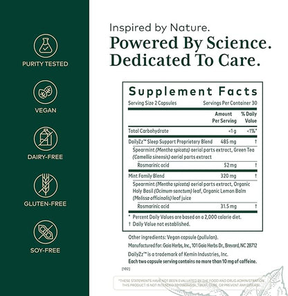 Gaia Herbs Pro Somni-Mint Rosmarinic Complex - Sleep Health & Relaxation Support Supplement* - Restful Sleep Support* with Spearmint, Green Tea & Lemon Balm - 60 Capsules (30 Servings)