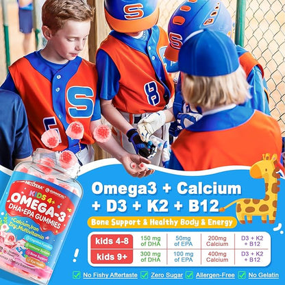 Nextdia Omega 3 (EPA/DHA) Filled Gummies for Kids with Multivitamin, Calcium + D3 + K2 + Zinc, Plus Vitamin A B1 B2 B12 C, Selenium, Iodine for Brain, Eye, Bone, Energy, No Fish Taste, 2 Pack