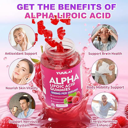 Alpha Lipoic Acid Gummies 1000MG with Biotin, High Absorption Chewable ALA Supplement for Antioxidant, Brain Health and Nerve Support, Raspberry Flavor, 60 Count