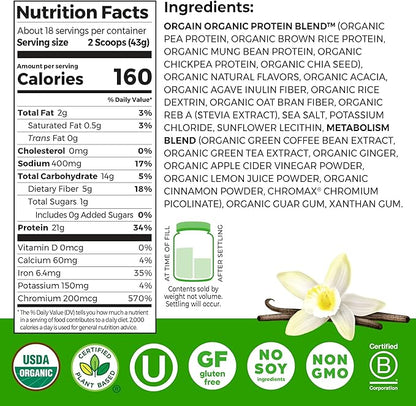 Orgain Organic Protein + Metabolism Blend Powder, Vanilla Bean - 21g Plant Protein, 5g Prebiotic Fiber, No Lactose Ingredients, Low Sugar, Non-GMO, for Shakes & Smoothies, 1.71 lb
