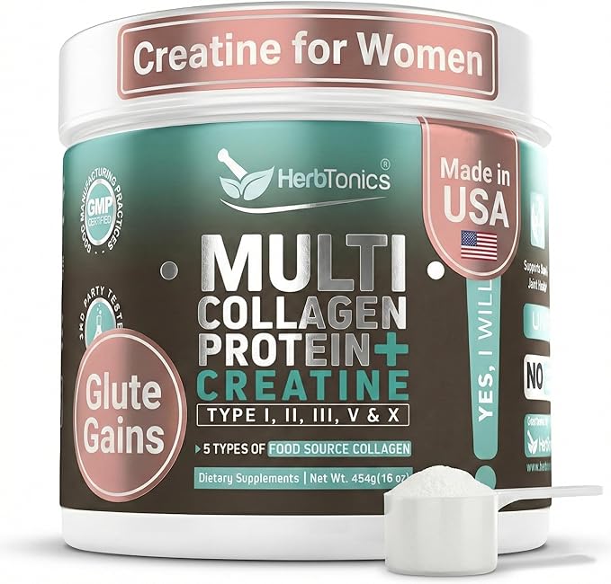 Herbtonics Creatine for Women 5000mg Creatine Monohydrate + Multi Collagen Protein Powder (Type I, II, III, V, X) – Lean Muscle, Recovery & Skin Support – Grass-Fed, No Bloat, Unflavored – 30 Servings